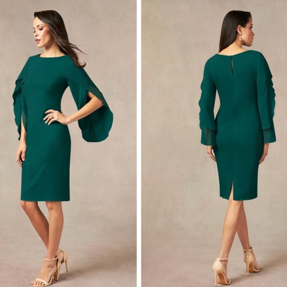 Azazie Dresses & Skirts - AZAZIE CARTER Stretch Pine Sheath Ruched Stretch Chiffon Dress NWT Women’s Sz 8
